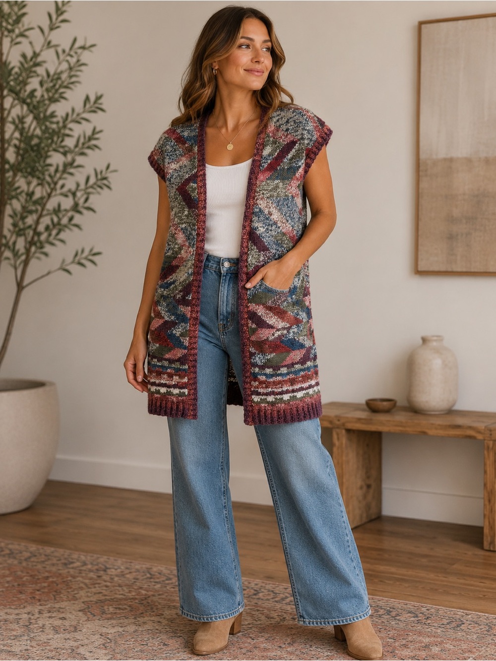 Vintage Peruvian Connection Sleeveless Open-Front knit Vest